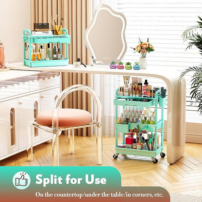 Makeup Cart Organizer with Drawers, Floor Skincare Organizers Vanity Storage Organizer, Rolling Makeup Bathroom Storage Cart Cosmetics Display Cases for Skin Care Perfume Nail Polish, Blue