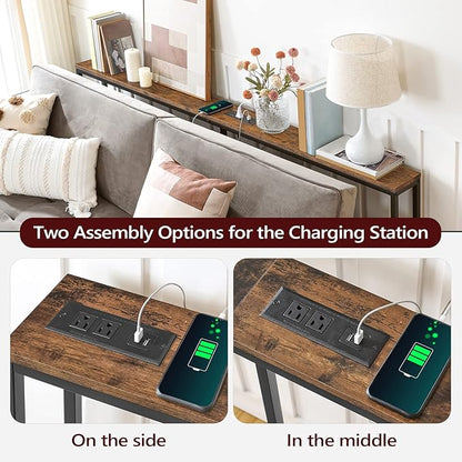 Skinny Console Table with Power Outlets, 70.9" Narrow Sofa Table, Behind Couch Table with Charging Station, Sofa Hallway Table for Plants, Living Room CTHR185E01