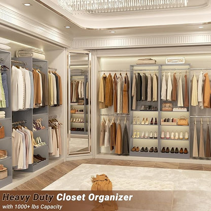 Homieasy Closet Organizer System, 4.5-10ft Modular Wooden Storage with 5 Hanging Rods & Shelving Tower, Adjustable for Walk-in Reach-in Bedroom Closets, Gray