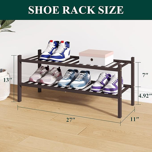 Smiry Bamboo Shoe Rack for Closet, 2 Tier Wooden Stackable Shoe Organizer, Free Standing Shoes Storage Shelf for Entryway, Front Door Entrance, Brown