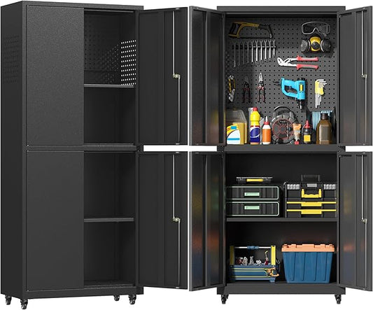 Metal Cabinet with Wheels,72.8" H Rolling Tool Storage Cabinet with Locking Doors and Adjustable Shelves,Garage Organization Cabinets,Lockable Storage Cabinet on Wheels for Garage,Warehouse (Black)