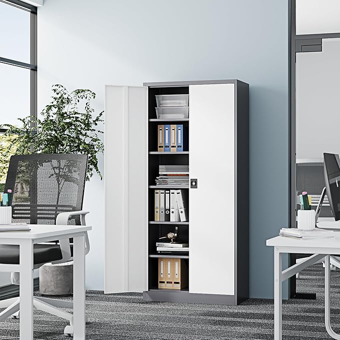 Metal Storage Cabinet-71” Tall Steel File Cabinets with Lockable Doors and Adjustable Shelves-Gray&White Steel Storage Cabinet for Home,Kitchen, School, Office, Garage
