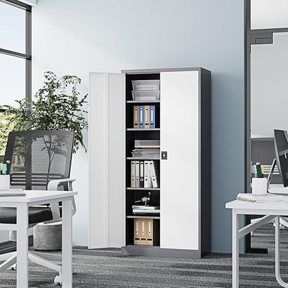 Metal Storage Cabinet-71” Tall Steel File Cabinets with Lockable Doors and Adjustable Shelves-Gray&White Steel Storage Cabinet for Home,Kitchen, School, Office, Garage