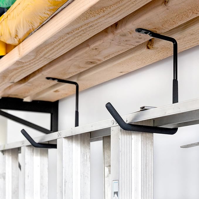 StoreYourBoard 14 Inch Heavy Duty Shelf Brackets, Set of 4 for 1' x 4' DIY Garage Wall Shelves, Holds 600 lbs, Solid Steel, Includes 4 Hooks for Hanging Storage, 14" x 1" x 8.5"