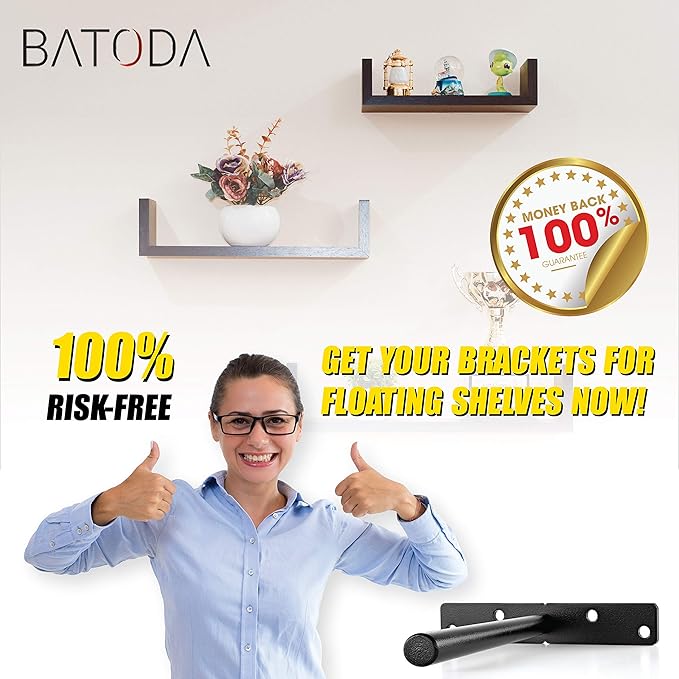 BATODA - 8" Floating Shelf Bracket Heavy Duty (6 pcs) –Solid Steel Blind Shelf Supports - Hidden Brackets for Floating Wood Shelves - Blind Shelf Support - Shelving Mounting Hardware Included (Pack 6)