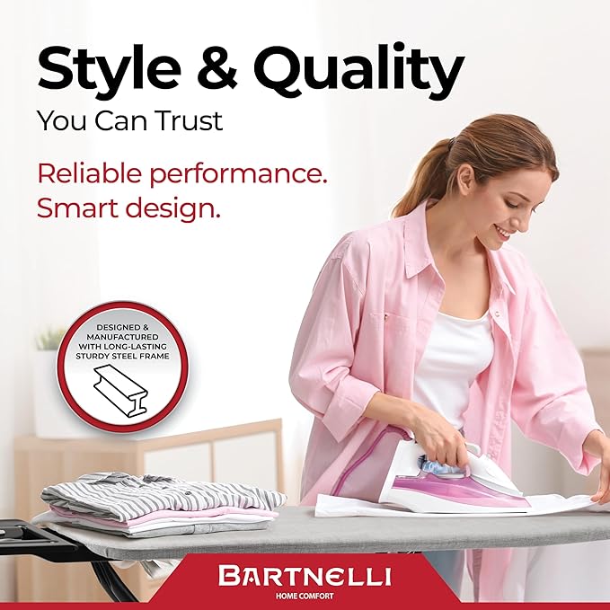 Bartnelli Extreme Stability Ironing Board 43x13 Upgraded Heavy-Duty Metal Frame & Iron Rest, Height Adjustable, Foldable, 4 Non-Skid Feet, 4-Layer Cover & Pad, Made with Patent European Engineering
