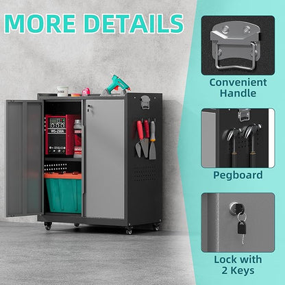 Metal Storage Cabinet with Wheels,34" Rolling Tool Cabinets with Lock&Adjustable Shelves,Locking Utility Cabinet with 1 Door for Garage, Warehouse (Black Grey)