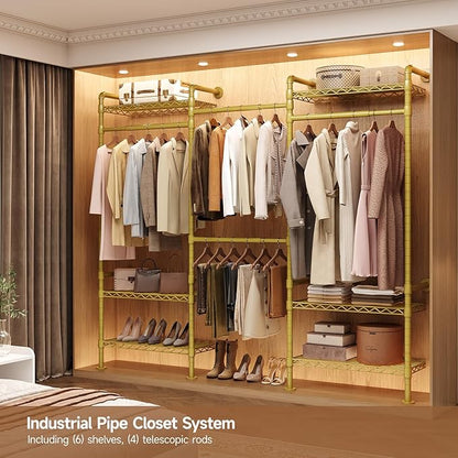 P3 Industrial Pipe Closet System, Wall Mounted Garment Racks with 4 Telescopic Rods & 6 Mesh Shelves, Heavy Duty Clothing Clothes Rack for Walk-in Closets (Gold)