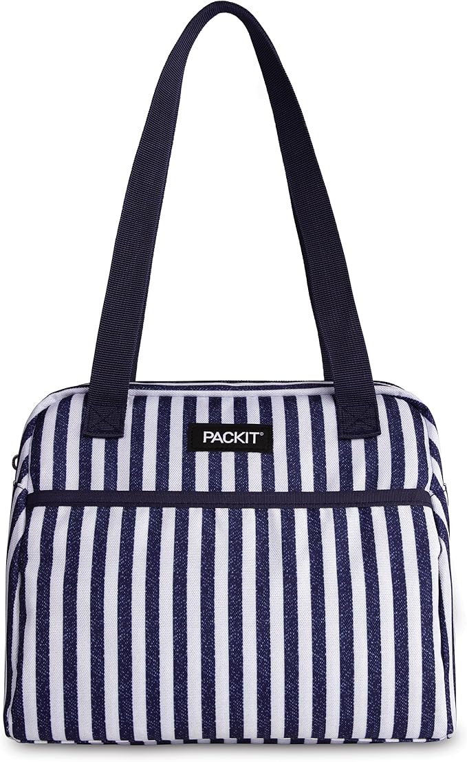 PackIt® Freezable Hampton Lunch Bag, Seaside Stripe, Built with EcoFreeze® Technology, Collapsible, Reusable, Zip Closure with Front Pocket and Shoulder Straps, Designed for Fresh Office Lunches