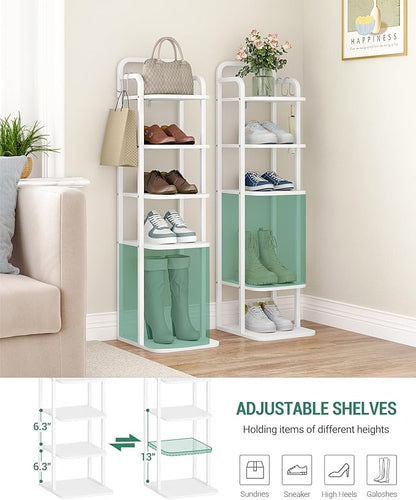 6 Tiers Vertical Shoe Rack, Narrow Shoe Tower, Tall Shoes Shelf with 2 Hooks, Adjustable Shelves, Corner Shoes Shelves for Small Spaces, Entryway, Living Room, White SR04213W