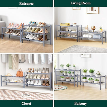 Smiry Bamboo Shoe Rack for Closet, 2 Tier Long Wooden Stackable Shoe Organizer, Free Standing Shoes Storage Shelf for Entryway, Front Door Entrance, Grey