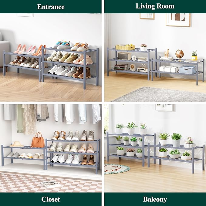 Smiry Bamboo Shoe Rack for Closet, 4 Tier Small Wooden Stackable Shoe Organizer, Free Standing Shoes Storage Shelf for Entryway, Front Door Entrance, Grey