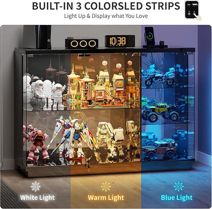 HNEBC Lockable Display Curio Cabinet with Glass Door,47.2" W Glass Display Cabinet with 3 Color Lights for Collectibles,5-Tier Lighted Display Case with Human Sensor,Living Room,Black