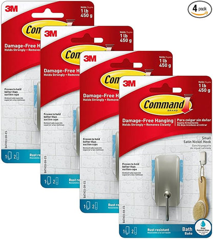 Command BATH33-SN-ES Bath Hooks, Satin Nickel, 4 Count