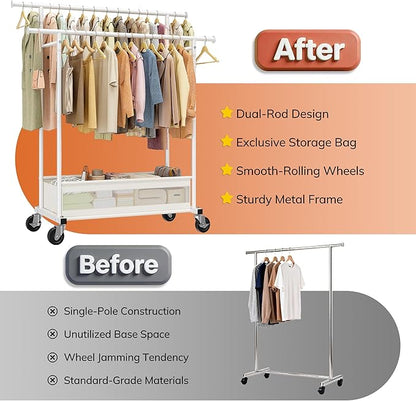 Clothes Rack, Double rods clothing rack, Clothing Racks for hanging clothes, Rolling clothes rack with Storage Basket & Heavy Duty Wheels, garment rack for Bedroom, Laundry Room, White
