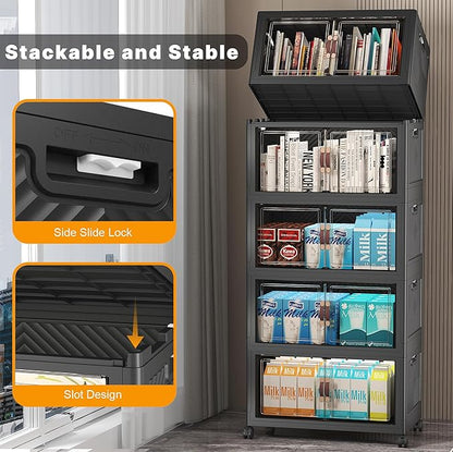 Extra Large Stackable Storage Bins with Lids & Wheels & Door, 260QT-52QT/13GAL*5Pack Foldable Collapsible Closet Organizers, Plastic containers drawers for bedroom Dorm