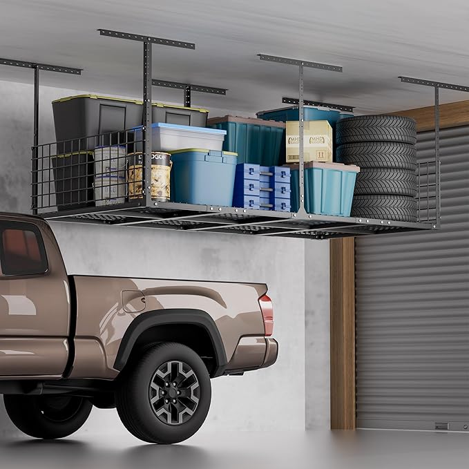 GIOTORENT Garage Ceiling Storage Racks, 96" W x 48" D x 22-42" H Overhead Garage Storage Rack, Heavy-Duty Carbon-Steel 700lbs Rating, Adjustable Mounted Rack System with Side Guards