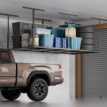 GIOTORENT Garage Ceiling Storage Racks, 96" W x 48" D x 22-42" H Overhead Garage Storage Rack, Heavy-Duty Carbon-Steel 700lbs Rating, Adjustable Mounted Rack System with Side Guards