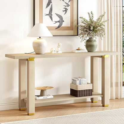 62.9" Modern Minimalist Console Table, Solid Wood Entryway Sofa Table with Metal Accents, 2-Tier with Open Shelf and Built-in Shelf for Living Room, Hallway (Natural-J22)