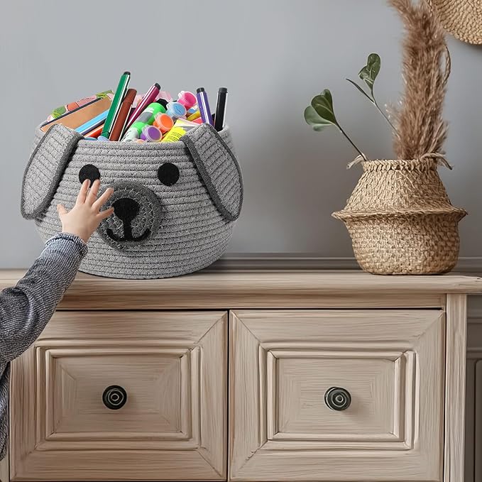 Zopeal Dog Woven Basket Cute Woven Cotton Rope Puppy Animal Storage Basket for Laundry Toy Gift(Gray,13 x 8 Inch)