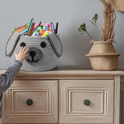 Zopeal Dog Woven Basket Cute Woven Cotton Rope Puppy Animal Storage Basket for Laundry Toy Gift(Gray,13 x 8 Inch)