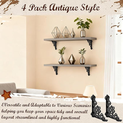 Blulu 4 Pack Antique Style Cast Iron Shelf Brackets Decorative Brackets 3 7/8" x 3 7/8" Wall Mount Shelving Bracket Heavy Duty Victorian Style Shelf(Black)