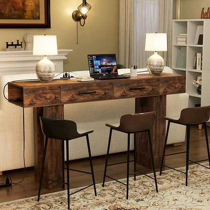 LUMISOL Farmhouse Entryway Table with 2 Drawers, Console Table with Side Power Outlet, 63-Inch Long Sofa Table for Hallway Living Room Office, Reddish Brown
