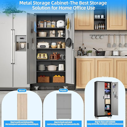 Aobabo Upgrade 71H''*32''W*16''D Metal Garage Storage Cabinet with Wheels and Pegboards, 5 Adjustable Shelves Steel Storage Cabinets for Home,Warehouse,Garage,Assembly Required,Black Gray