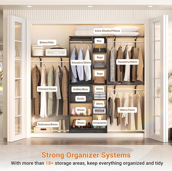 Upgraded 96 Closet System with 18 Storage Place, 8FT Closet Organizers System with 13 Shelves and 2 Wooden Drawers, 96'' Walk-in Closet with 4 Hanging Rods, Adjustable Garment Rack, Oak