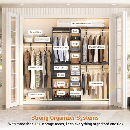 Upgraded 96 Closet System with 18 Storage Place, 8FT Closet Organizers System with 13 Shelves and 2 Wooden Drawers, 96'' Walk-in Closet with 4 Hanging Rods, Adjustable Garment Rack, Oak