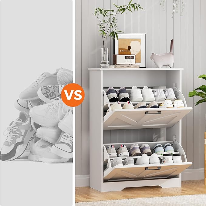 Farmhouse Shoe Cabinet for Entryway with Barn-Style Flip Drawers, Narrow Shoe Storage Organizer with Top Display Shelf, Adjustable Shelves, Shoe Rack for Hallway, Closet- (White, 24")