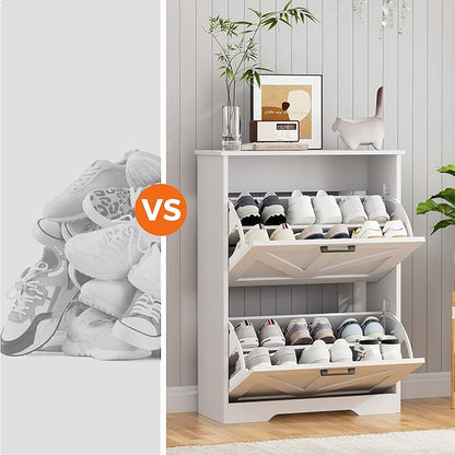Farmhouse Shoe Cabinet for Entryway with Barn-Style Flip Drawers, Narrow Shoe Storage Organizer with Top Display Shelf, Adjustable Shelves, Shoe Rack for Hallway, Closet- (White, 24")