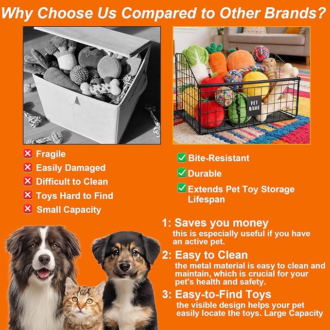 Indestructible Dog Toy Basket, 42.5x28x21.5cm/16.7x11x8.5in Metal Storage Bin for Chew Toys Bones and Treats Durable Toy Organizer for Living Room Area (Black)