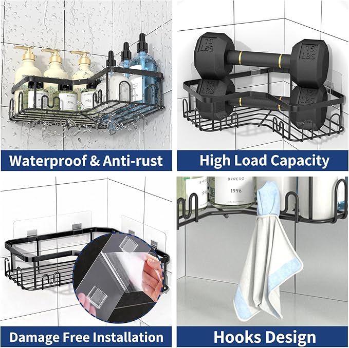 Menbyci 3 Pack Corner Shower Caddy, Adhesive Bathroom Shelves with 18 Hooks, Drill-Free & Quick-Dry Shower Organizer with Large Capacity, Rustproof Stainless Steel Bathroom Corner Storage Rack, Black