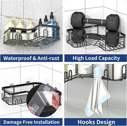 Menbyci 3 Pack Corner Shower Caddy, Adhesive Bathroom Shelves with 18 Hooks, Drill-Free & Quick-Dry Shower Organizer with Large Capacity, Rustproof Stainless Steel Bathroom Corner Storage Rack, Black