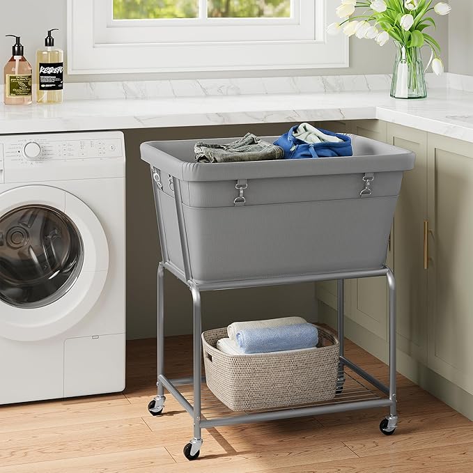 ELYKEN Rolling Laundry Hamper with Wheels, 32-Gallon (122L) Laundry Cart with Removable Bag, 2-Tier Clothes Basket Hamper with Shelf for Closet, Bedroom, Bathroom, Laundry Room, Gray