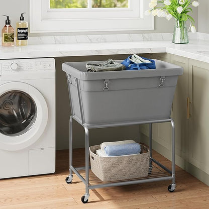 ELYKEN Rolling Laundry Hamper with Wheels, 32-Gallon (122L) Laundry Cart with Removable Bag, 2-Tier Clothes Basket Hamper with Shelf for Closet, Bedroom, Bathroom, Laundry Room, Gray