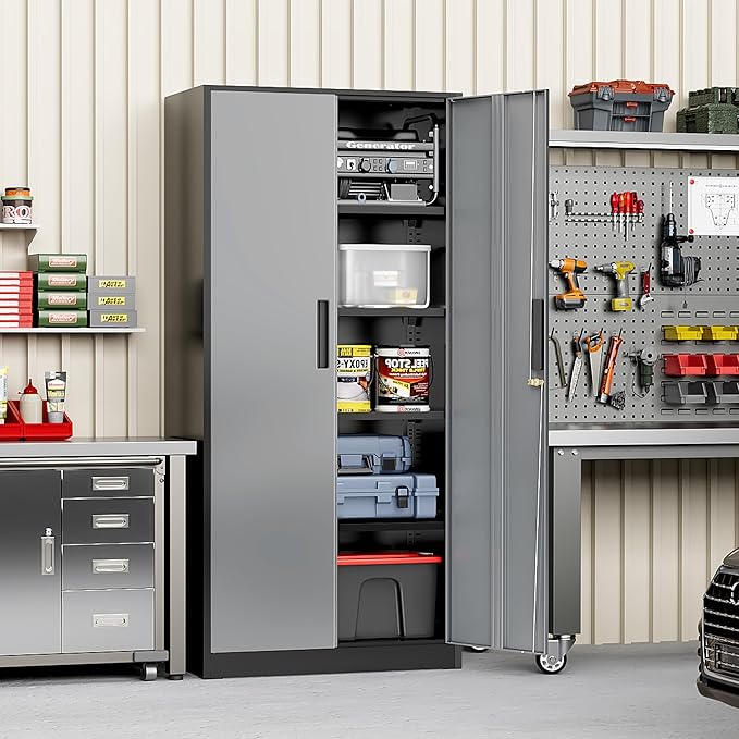 Greenvelly Metal Storage Cabinet with Doors and Shelves, 72" Inch Locking Metal Cabinet,Garage Storage Cabinet for Garage Office School Warehouse (Black Gray)