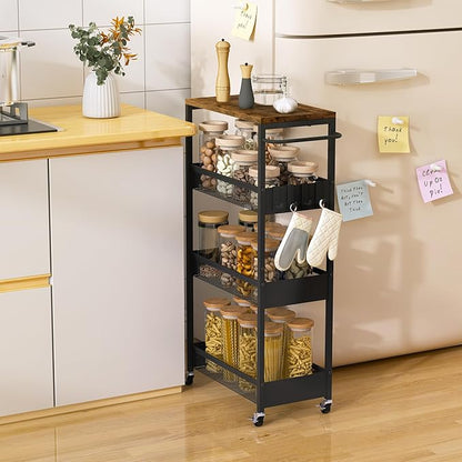 Slim Rolling Utility Cart, 4 Tier Metal Narrow Storage Cart with Handle and Wood Top, Multifunctional Small Mobile Shelf Unit Organizer Trolley for Laundry, Bathroom, Kitchen