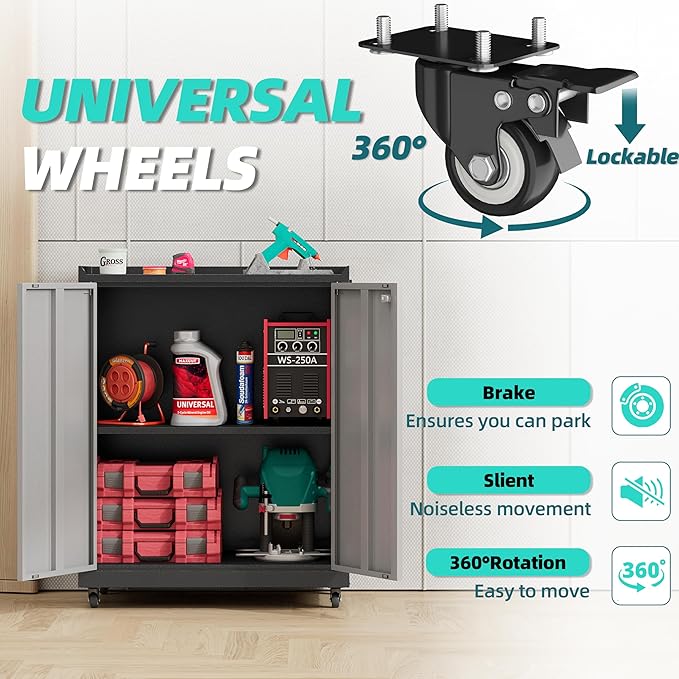 Metal Storage Cabinet with Wheels,34" Rolling Tool Cabinets with Lock&Adjustable Shelves,Locking Utility Cabinet with 1 Door for Garage, Warehouse (Black Grey)