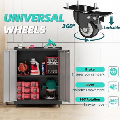 Metal Storage Cabinet with Wheels,34" Rolling Tool Cabinets with Lock&Adjustable Shelves,Locking Utility Cabinet with 1 Door for Garage, Warehouse (Black Grey)