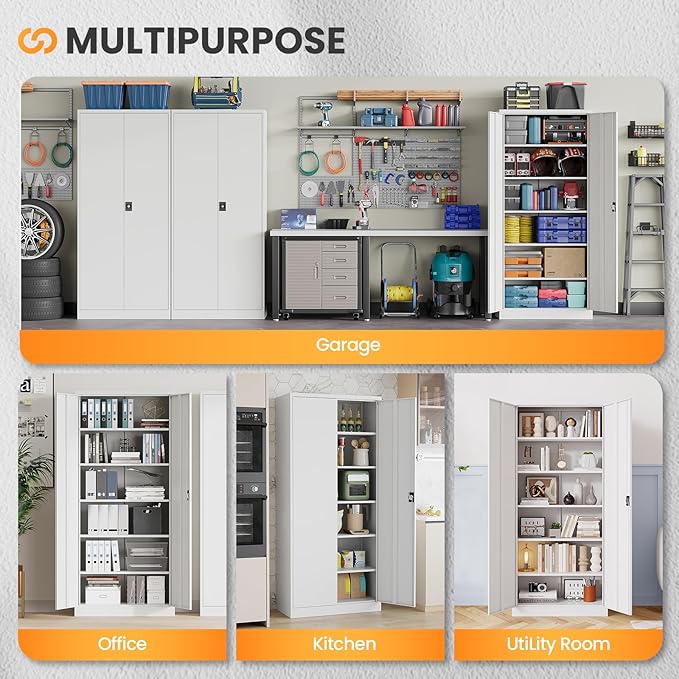 Metal Garage Storage Cabinets with Lock, 71" Tall Tool Cabinet with 2 Door and 5 Adjustable Shelves, Locking Garage Cabinets and Lockable Steel Locker for Home Office Warehouse - (White-71”H)