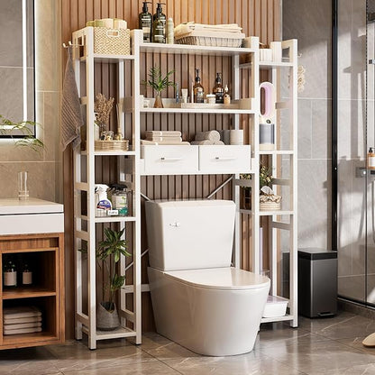 Over The Toilet Storage with 2 Drawers - 11 Tier Bathroom Organizer Freestanding Space Saver Storage Rack with Adjustable Shelf Above Toilet Stand with 4 Hooks for Restroom, Laundry, White