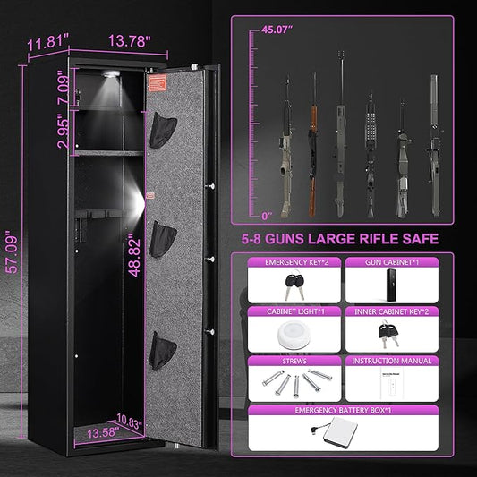Marcree 5-8 Biometric Gun Safe, Gun Cabinets for Rifles and Shotguns, Rifle Gun Safe with Inner Cabinet, Gun Safes for Rifles and Pistols with LED Light, Removable Shelf and Dual Alarm System