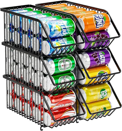 Stackable Soda Can Organizer Rack, Stacking Can Dispensers Refrigerator Organizer Bins Pop Soda Dispenser Canned For Fridge, Freezer, Kitchen, Cabinets (Black, 6)