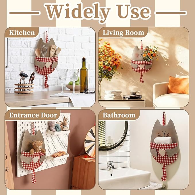 Cute Hanging Wall Storage Bag Cat Room Decor Cat Toy Hanging Organizer with Pocket Cotton Linen over The Door Storage Basket Corduroy and Checkered Pouch for Home Nursery Bathroom Bedroom Kitchen
