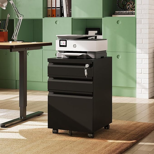 DEVAISE 3 Drawer File Cabinet, Metal Filing Cabinet with Lock, Under Desk Cabinet with Wheels for Home Office, Fits Legal/A4/Letter Size, Black