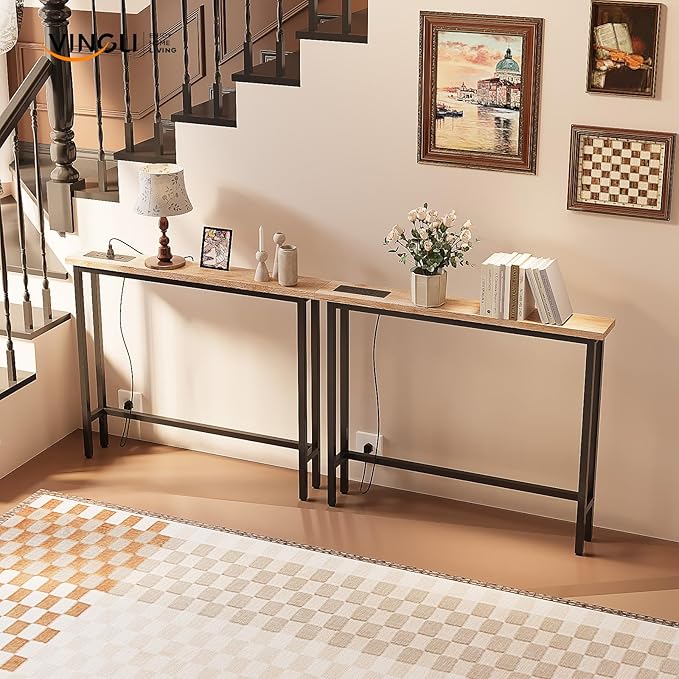 VINGLI 79" Console Table with Charging Station, 5.9" Narrow Sofa Table Set of 2, Entryway Table with Power Outlet & 4.9 Ft Extension Cord & Adjustable Feet, for Living Room, Hallway, Oak