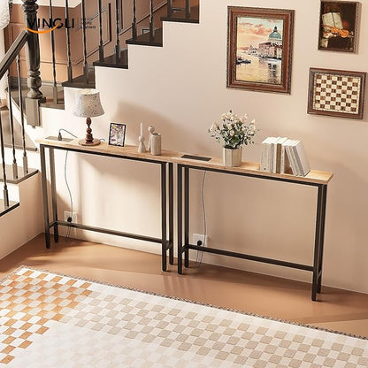 VINGLI 79" Console Table with Charging Station, 5.9" Narrow Sofa Table Set of 2, Entryway Table with Power Outlet & 4.9 Ft Extension Cord & Adjustable Feet, for Living Room, Hallway, Oak