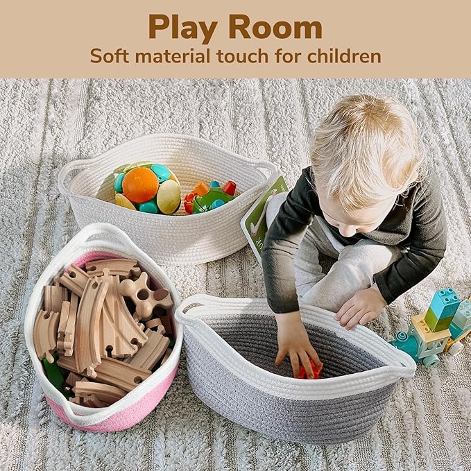 Goodpick Easter Basket with Handles for Kids, Small Basket for Organizing Diapers, Towels, Cute Decorative Baskets,Toy Storage Baskets, 12"x 8" x 5", Pink